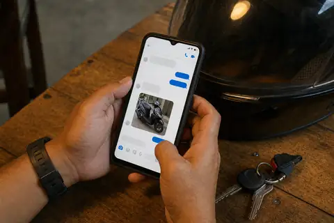 Chatting about a motorcycle on a phone, helmet and keys on the table